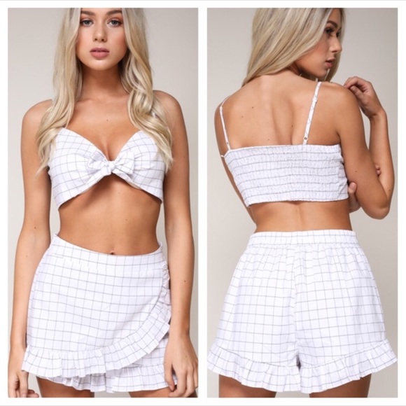 White Matching Set Crop Top Skater Skirt Skort - Picture 4 of 7